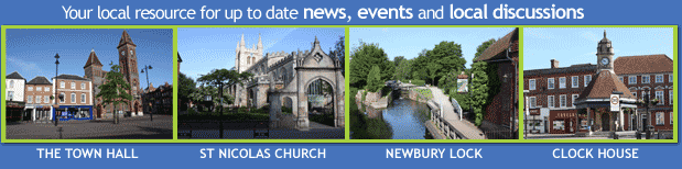 Newbury Town Hall, St Nicolas Church, Clock House and Newbury Lock on the Kennet and Avon Canal.